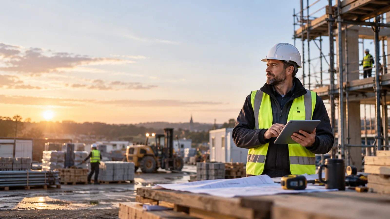 Bauleiter mit Tablet auf einer Baustelle